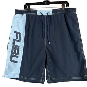 FUBU Mens L Vintage Y2K Swim Shorts Navy Logo Streetwear Beachwear Trunks Urban